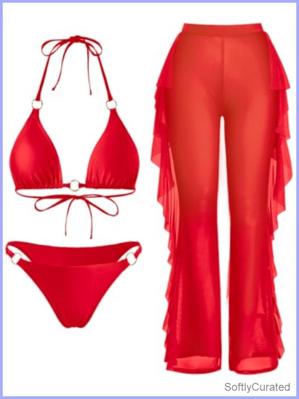 Triangle 3 Piece Bikini Set with Sheer Mesh Cover Up Pants, O-Ring Hardware,